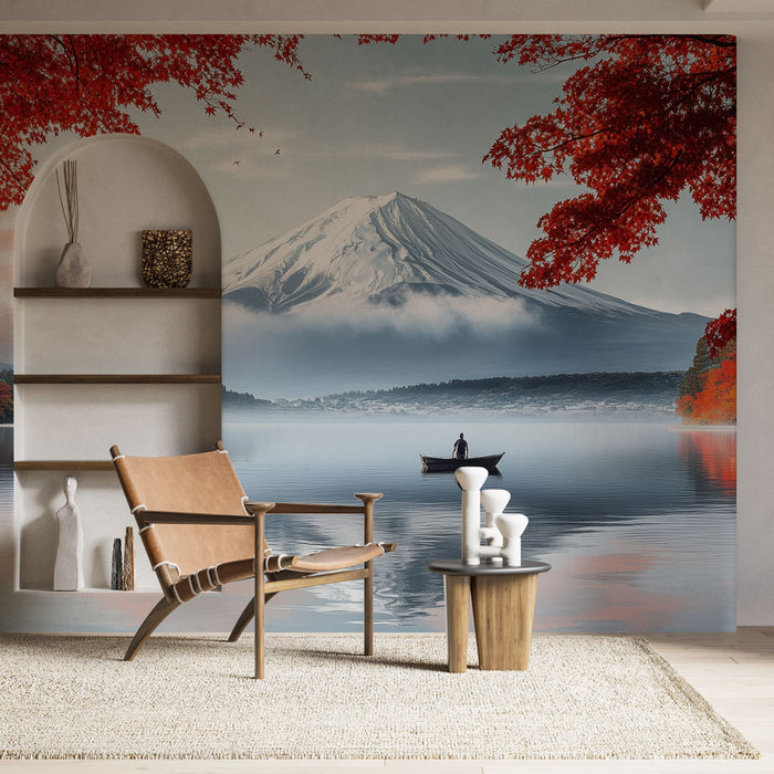 Papier peint panoramique Mont Fuji avec paysage lac et feuillage rouge pour salon élégant