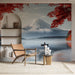Papier peint panoramique Mont Fuji avec paysage lac et feuillage rouge pour salon élégant