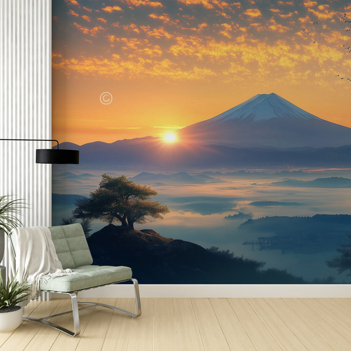 Papier peint panoramique paysage montagne au lever du soleil pour salon moderne