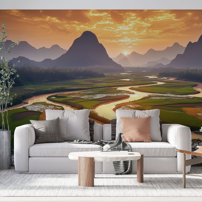 Papier peint paysage | Lever de soleil sur vallée pittoresque