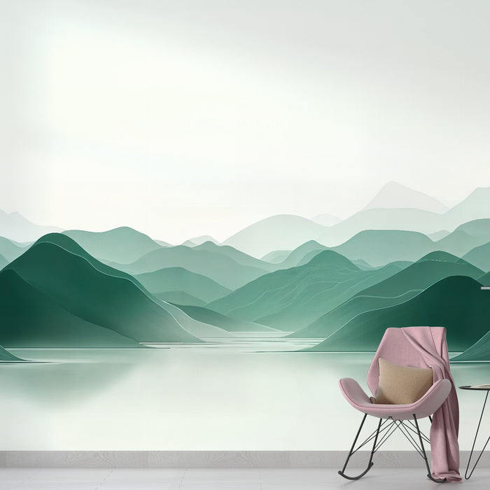 Papier peint paysage serein | Montagnes en dégradé vert