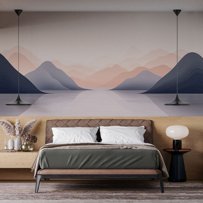 Papier peint paysage abstrait | Montagnes pastel et lac