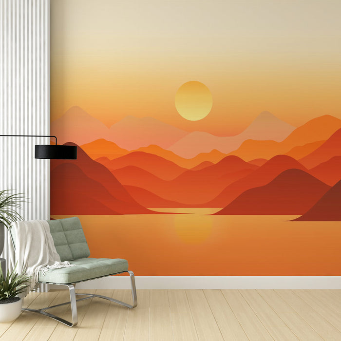 Papier peint coucher de soleil | Paysage Montagneux Orange