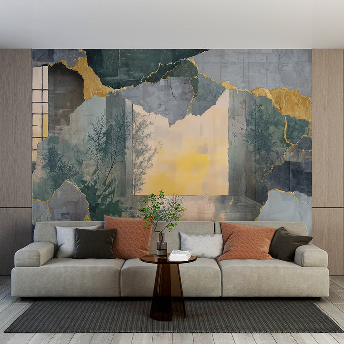 Papier peint nature dorée | Paysage apaisant et luxe