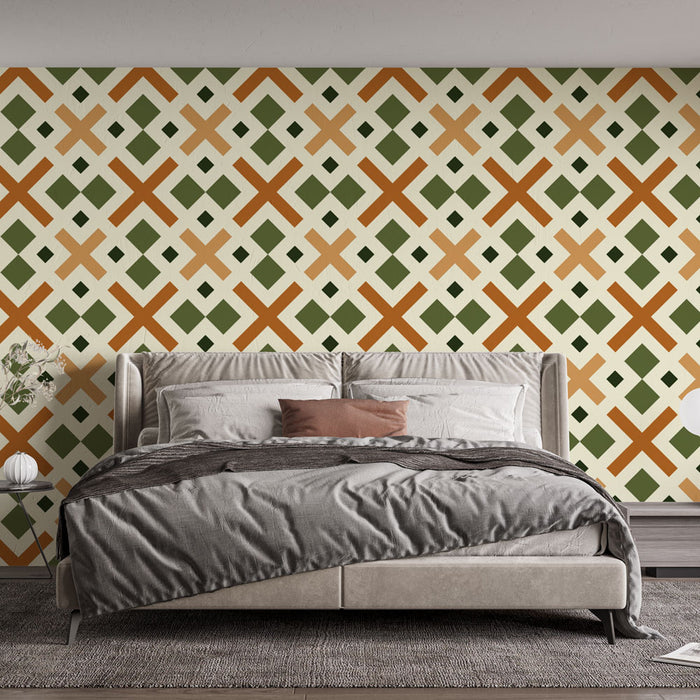 Papier peint géométrique vintage | Motif rétro en vert et orange