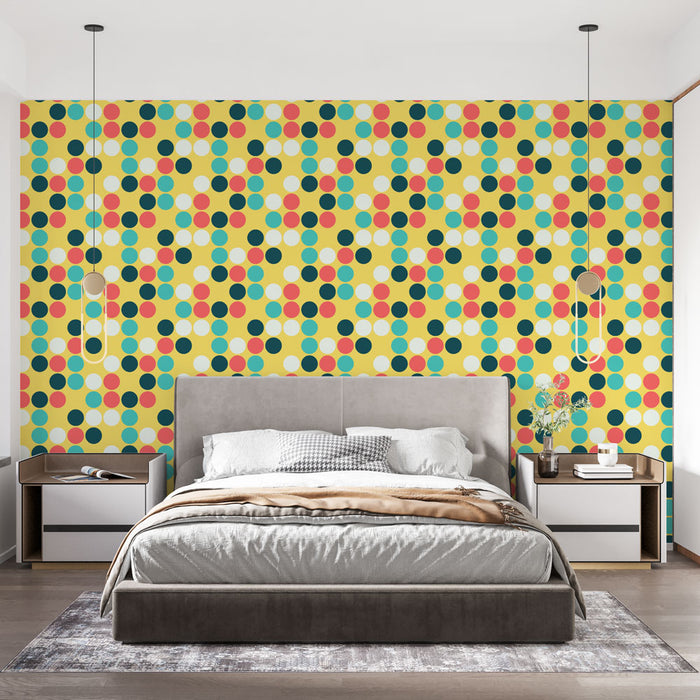 Papier peint pois rétro | Motif coloré sur fond jaune