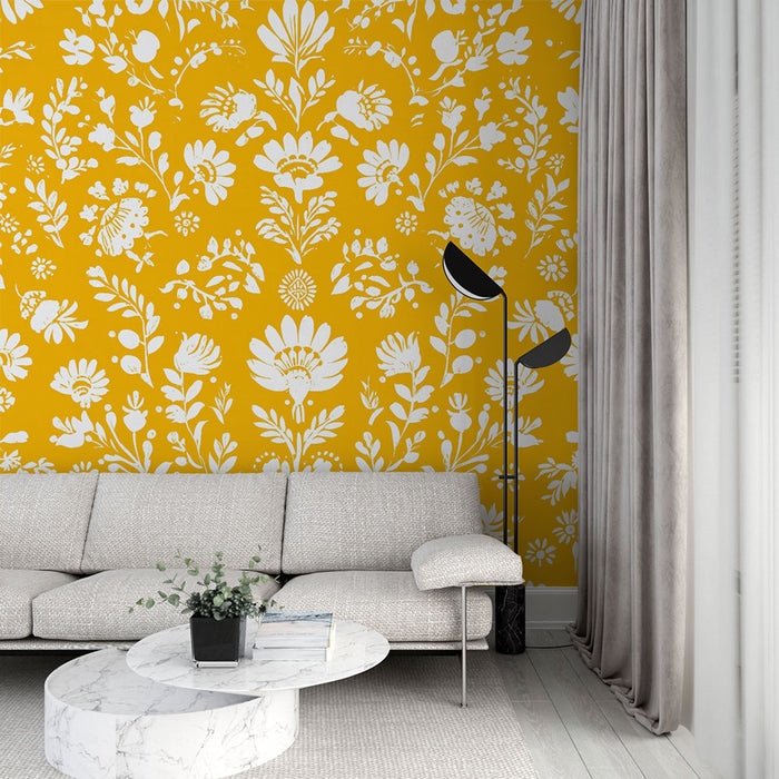 Papier peint floral | Motif Blanc sur Fond Jaune