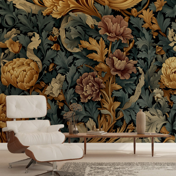 Papier peint floral | Élégance baroque en or et bleu