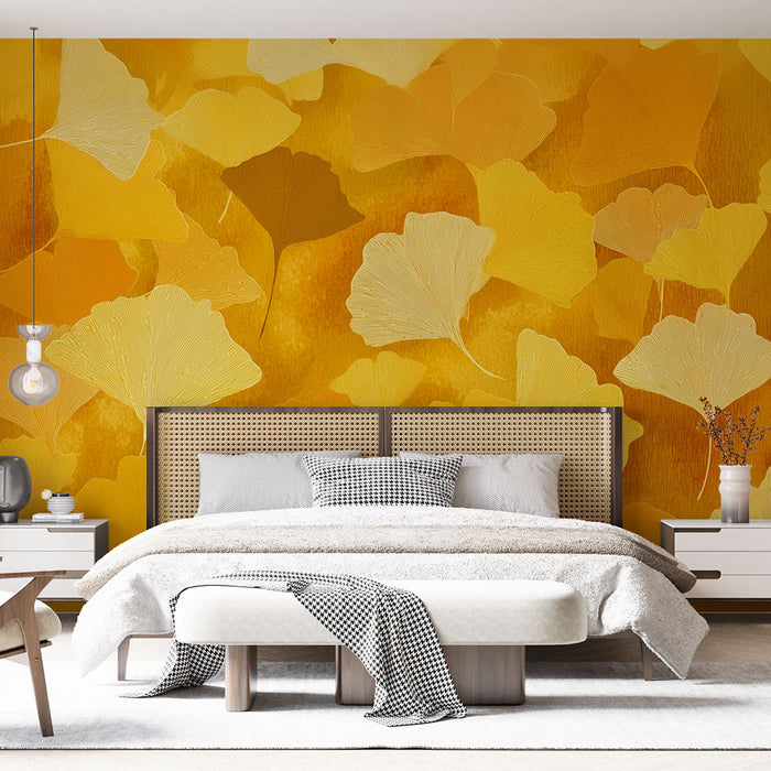 Papier peint feuilles ginkgo | Ambiance automnale dorée