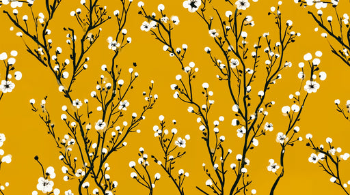 Papier peint floral Fleurs blanches sur fond moutarde