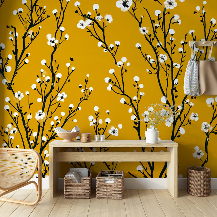 Papier peint floral | Fleurs blanches sur fond moutarde