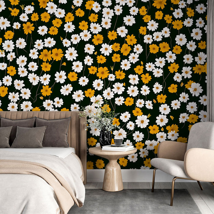 Papier peint floral | Fleurs blanches et jaunes sur fond noir