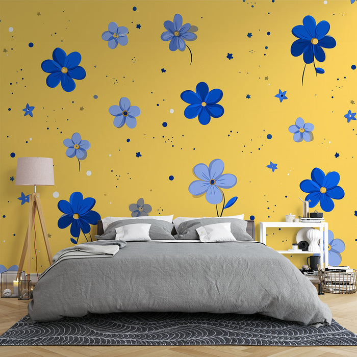 Papier peint floral bleu | Design rétro sur fond jaune