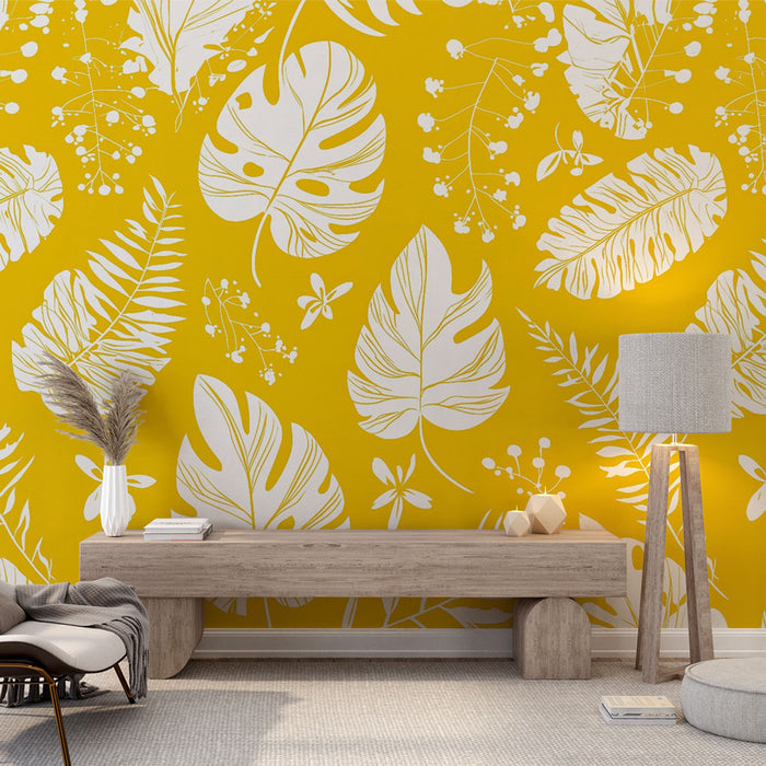 Papier peint botanique | Feuillage blanc sur fond jaune