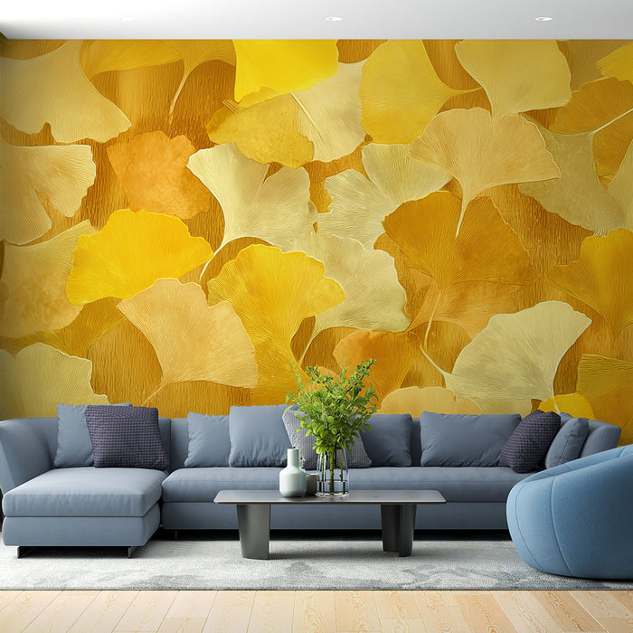 Papier peint feuilles de ginkgo | Tons dorés et jaunes