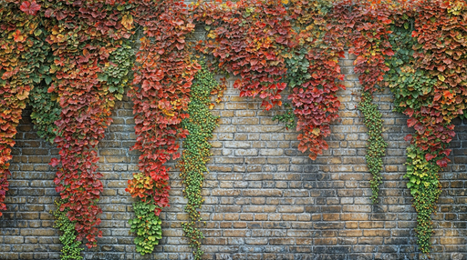 Papier peint mur végétal Mur de brique et feuillage automnal
