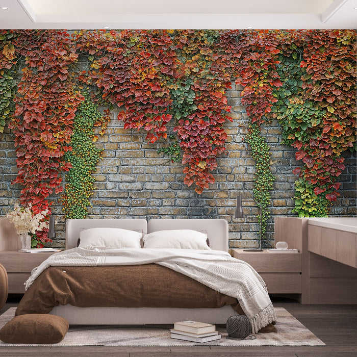 Papier peint mur végétal | Mur de brique et feuillage automnal