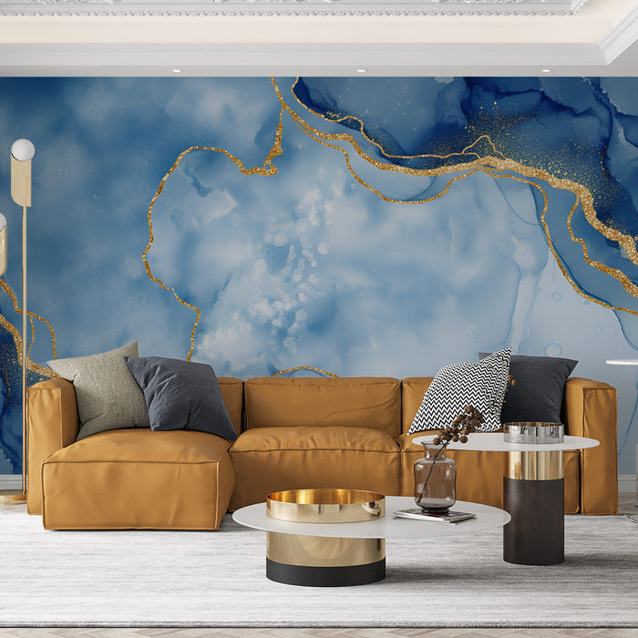 Papier peint marbré | Design bleu et doré éclatant
