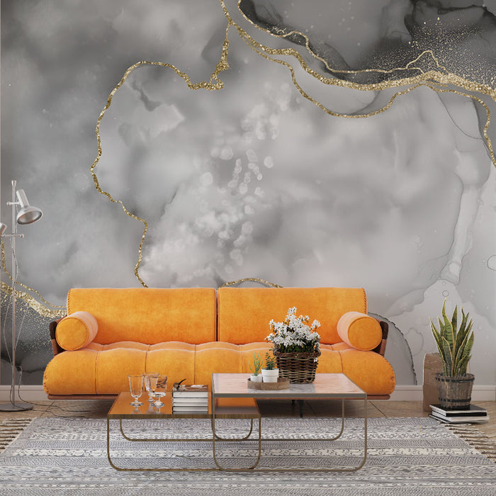 Papier peint marbré | Éclats d'or sur fond gris