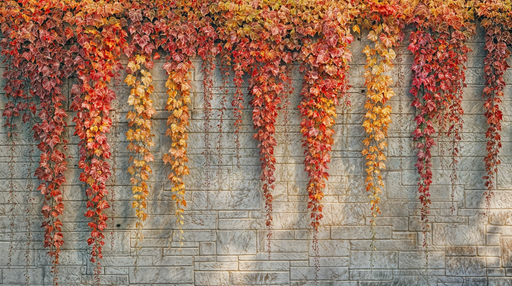 Papier peint automne Feuillage coloré sur mur en pierre