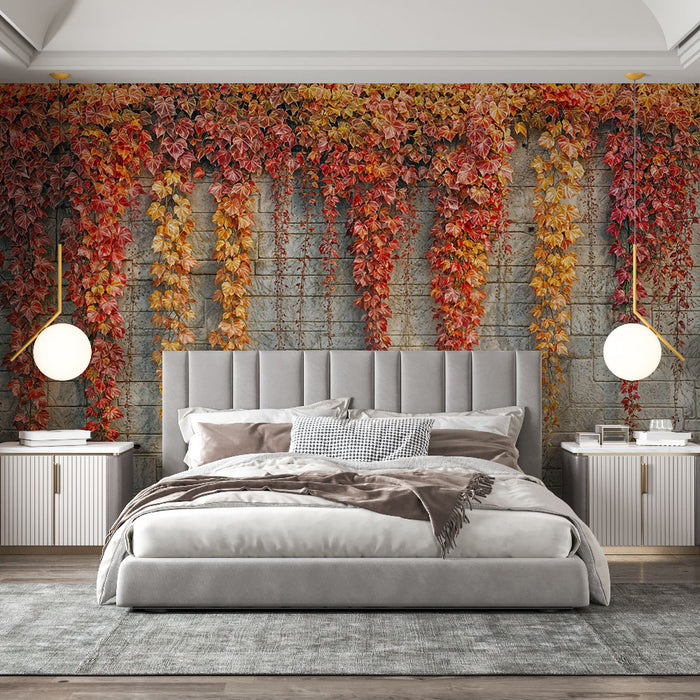 Papier peint automne | Feuillage coloré sur mur en pierre