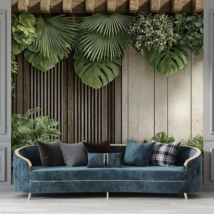 Papier peint végétal | Design mural en bois et feuillages tropicaux