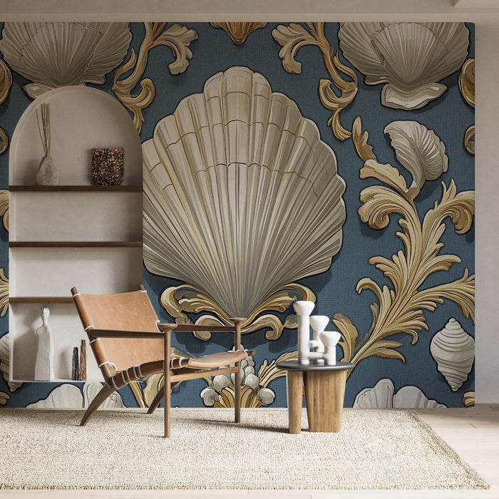 Papier peint coquillage | Raffinement avec motifs dorés