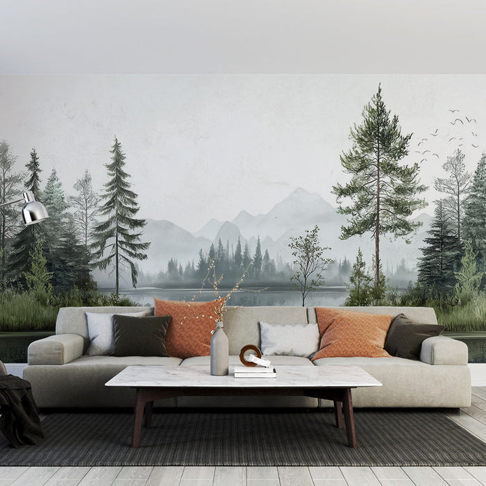 Papier peint panoramique nature avec paysage de forêt et montagnes pour salon moderne