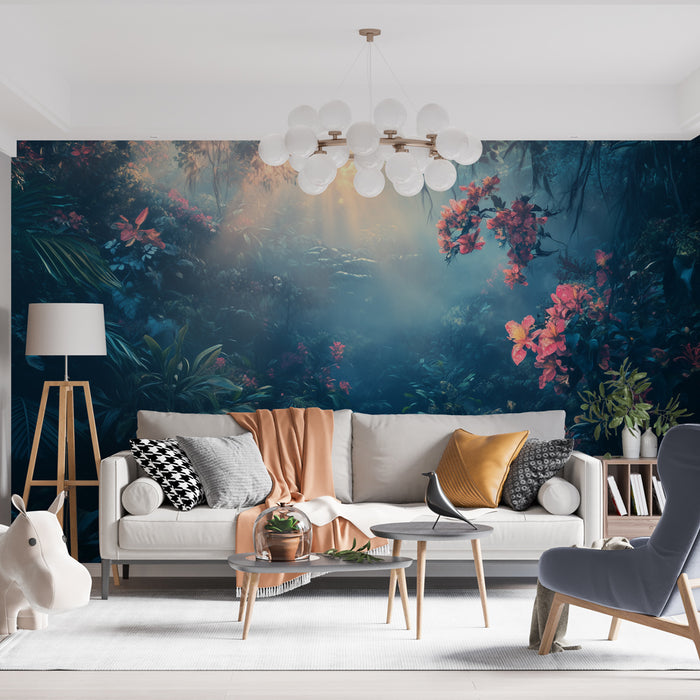 Papier peint panoramique jungle avec fleurs exotiques pour salon moderne