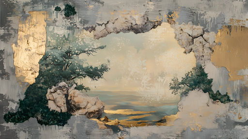 Papier peint paysage artistique Évasion roche et or