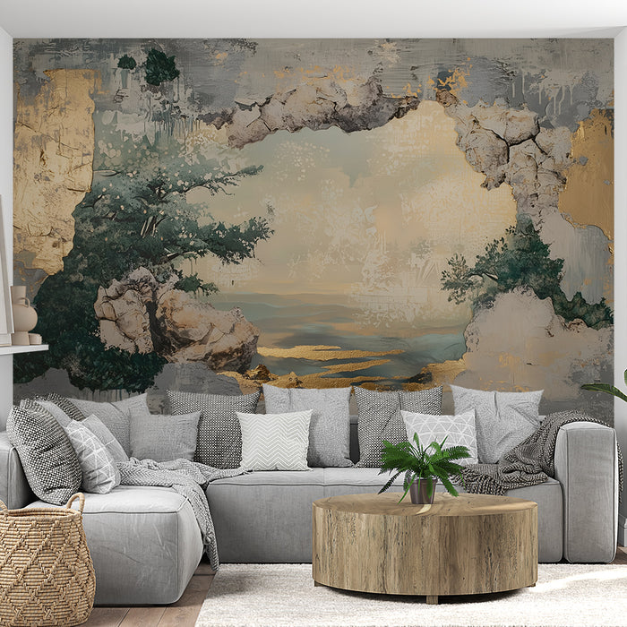 Papier peint paysage artistique | Évasion roche et or