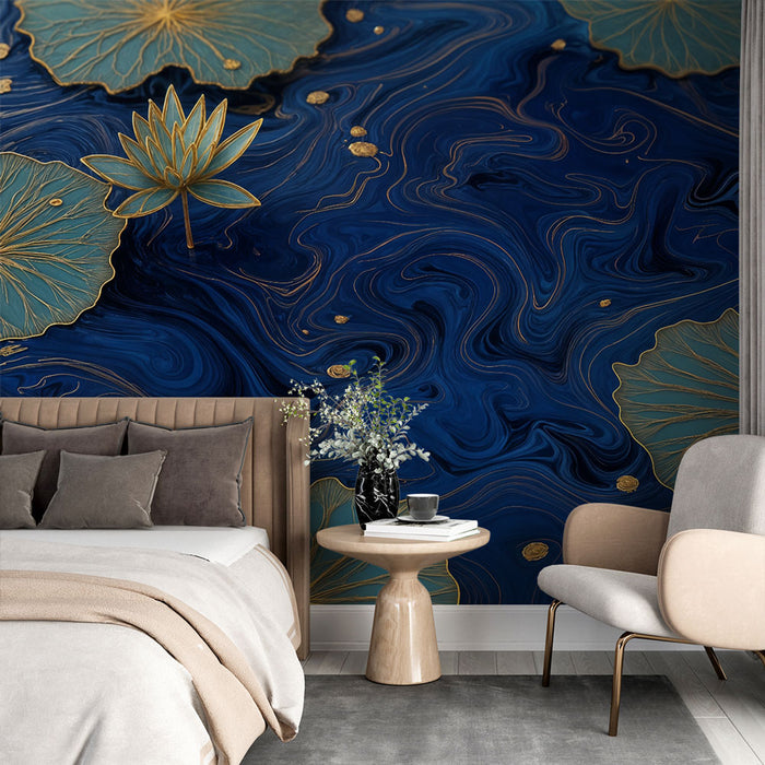 Papier peint nénuphars | Motifs dorés sur fond bleu