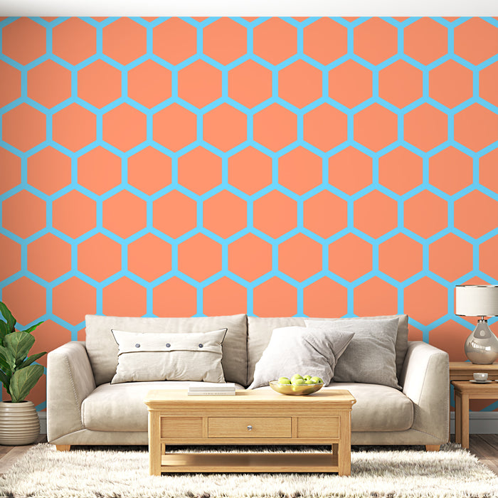 Papier peint hexagonal | Motif orange et bleu