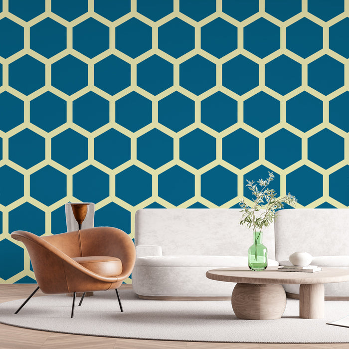 Papier peint géométrique | Hexagones bleu marine et beige