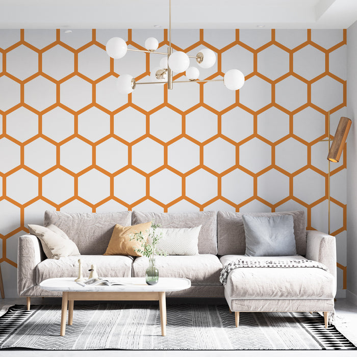 Papier peint hexagone | Motif géométrique orange et blanc