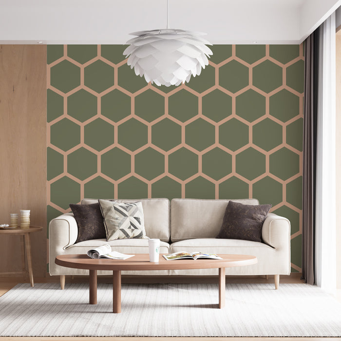 Papier peint hexagone | Motif géométrique vert et beige