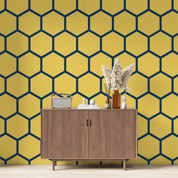 Papier peint hexagone | Jaune et Bleu Marine