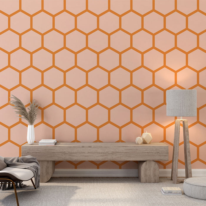 Papier peint hexagone | Motif géométrique orange et pêche