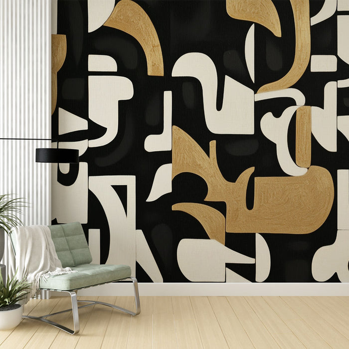 Papier peint abstrait moderne | Noir, blanc et doré