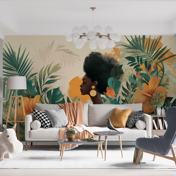 Papier peint tropical | Silhouette féminine et fleurs exotiques