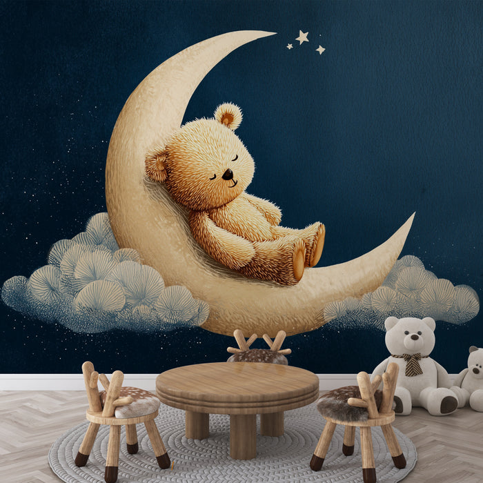 Papier peint ourson lune | Décoration murale douce pour chambre d'enfant