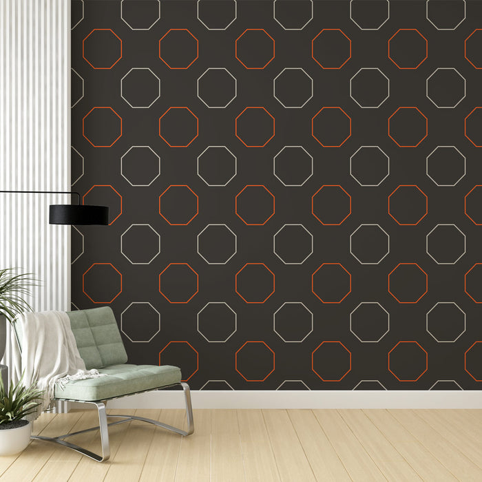 Papier peint octogonal | Motif géométrique noir et orange