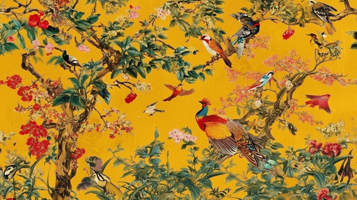 Papier peint oiseaux exotiques Design floral sur fond jaune
