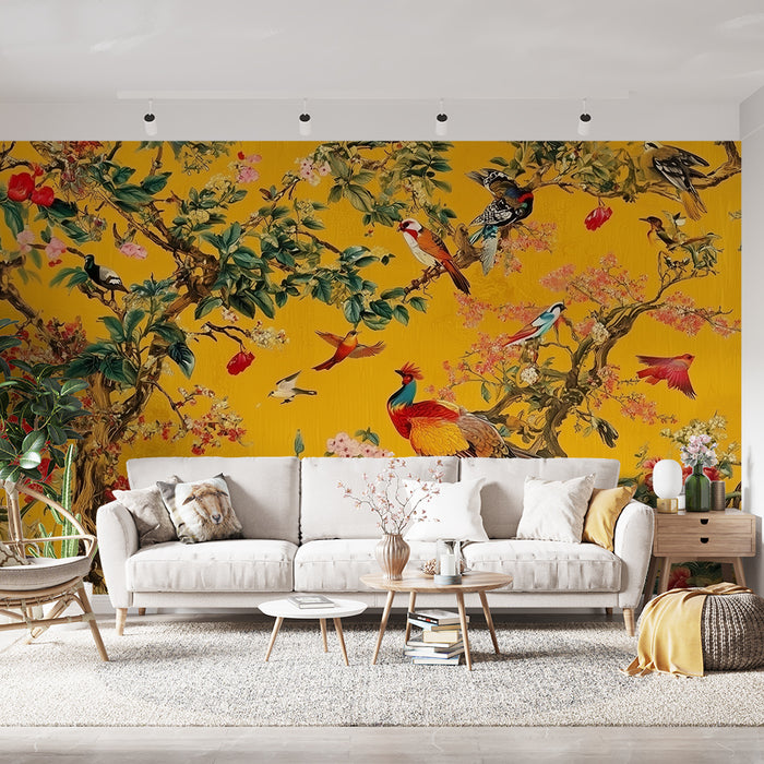 Papier peint oiseaux exotiques | Design floral sur fond jaune
