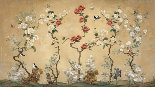Papier peint floral asiatique Élégance naturelle et oiseaux exotiques