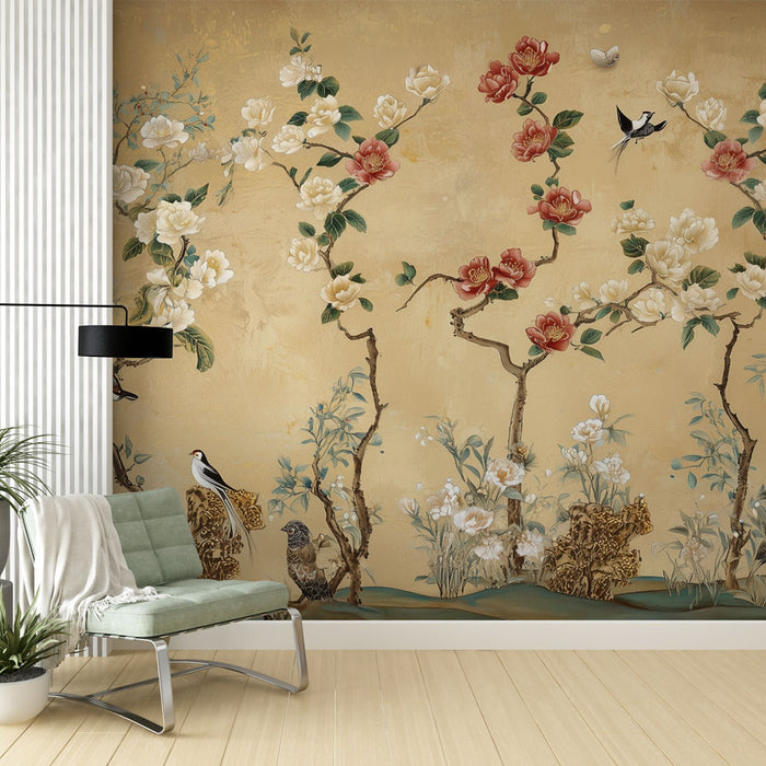 Papier peint floral asiatique | Élégance naturelle et oiseaux exotiques