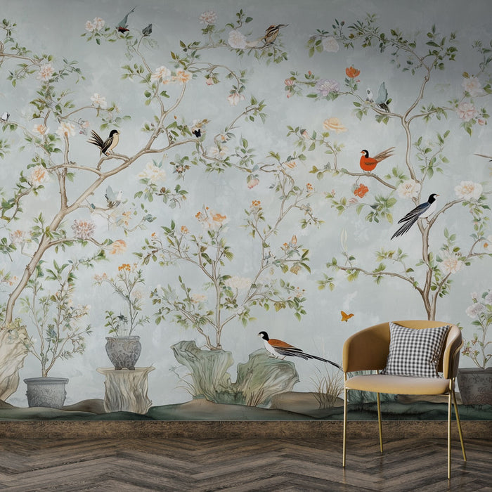 Papier peint oiseaux et fleurs | Élégance naturelle