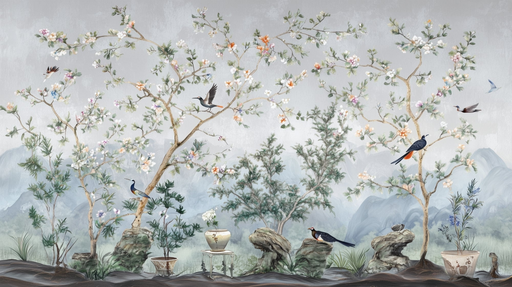 Papier peint paysage asiatique Scène naturelle avec oiseaux