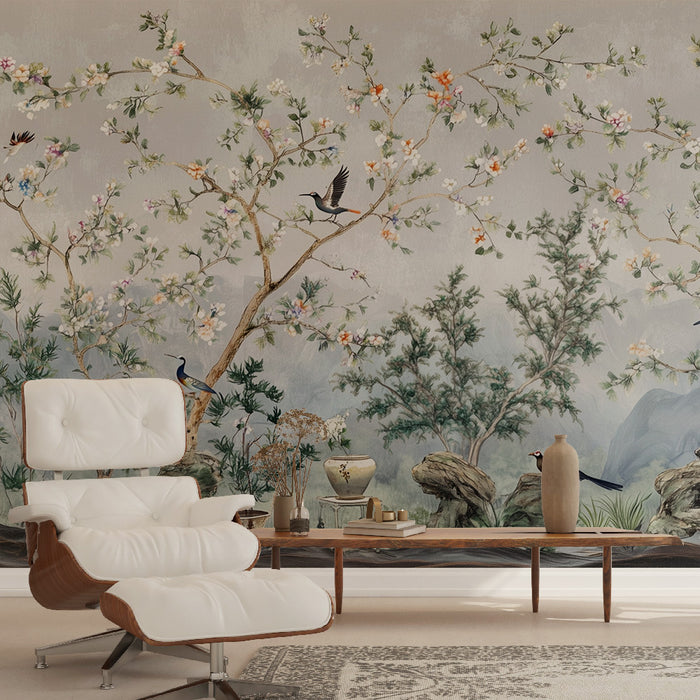 Papier peint paysage asiatique | Scène naturelle avec oiseaux
