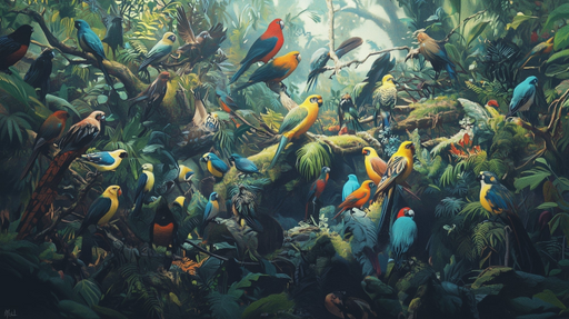 Papier peint Jungle Oiseaux Symphonie de couleurs exotiques